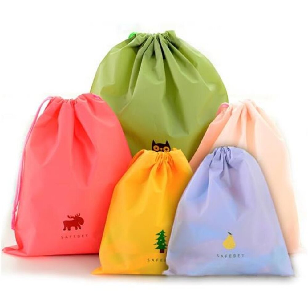 Set of 5 Waterproof Drawstring Bag PE Plastic Folding Sport Home Travel Storage